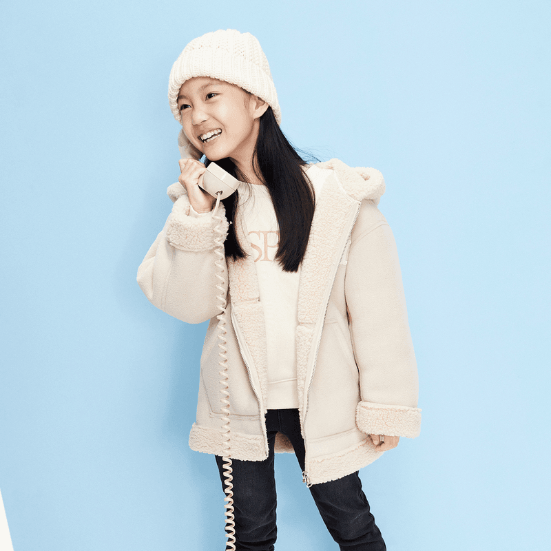 little moco童装冬季新款男女童仿羊羔毛机车外套时尚#KBB4COT012