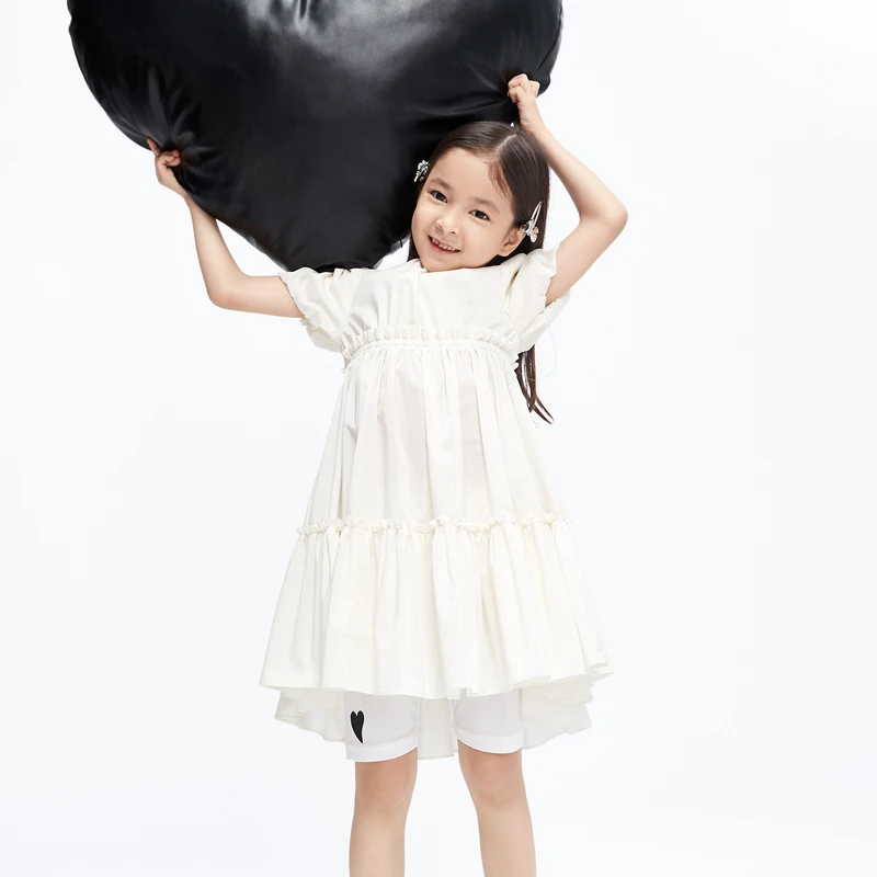 little moco童装夏装新款女童泡泡袖短袖连衣裙子#KBC2DRS026