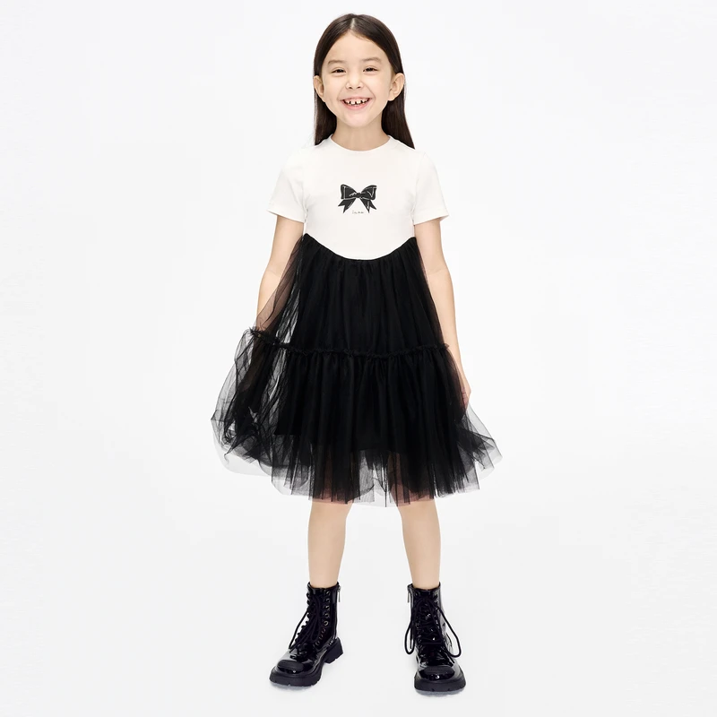 littlemoco童装新款女童短袖蝴蝶结网纱连衣裙#KBD1DRST01
