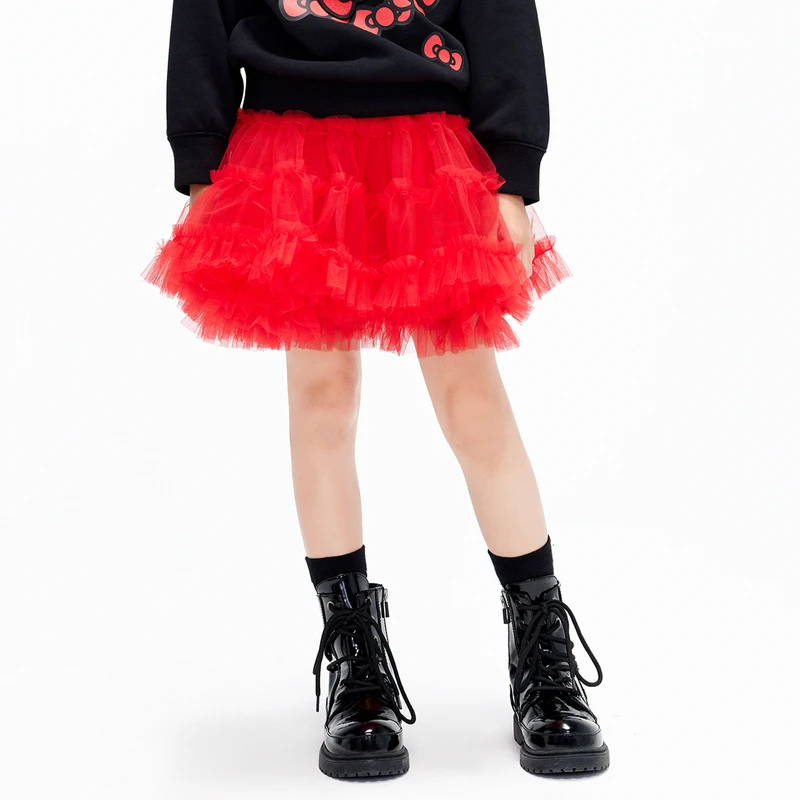 littlemoco童装秋装女童新年红网纱蓬蓬半身裙子短裙#KBC1SKT010