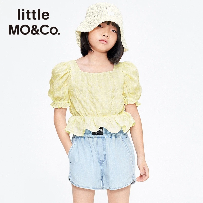 little moco童装夏季女童甜美方领花边上衣法式泡泡袖#KBB2TOP009