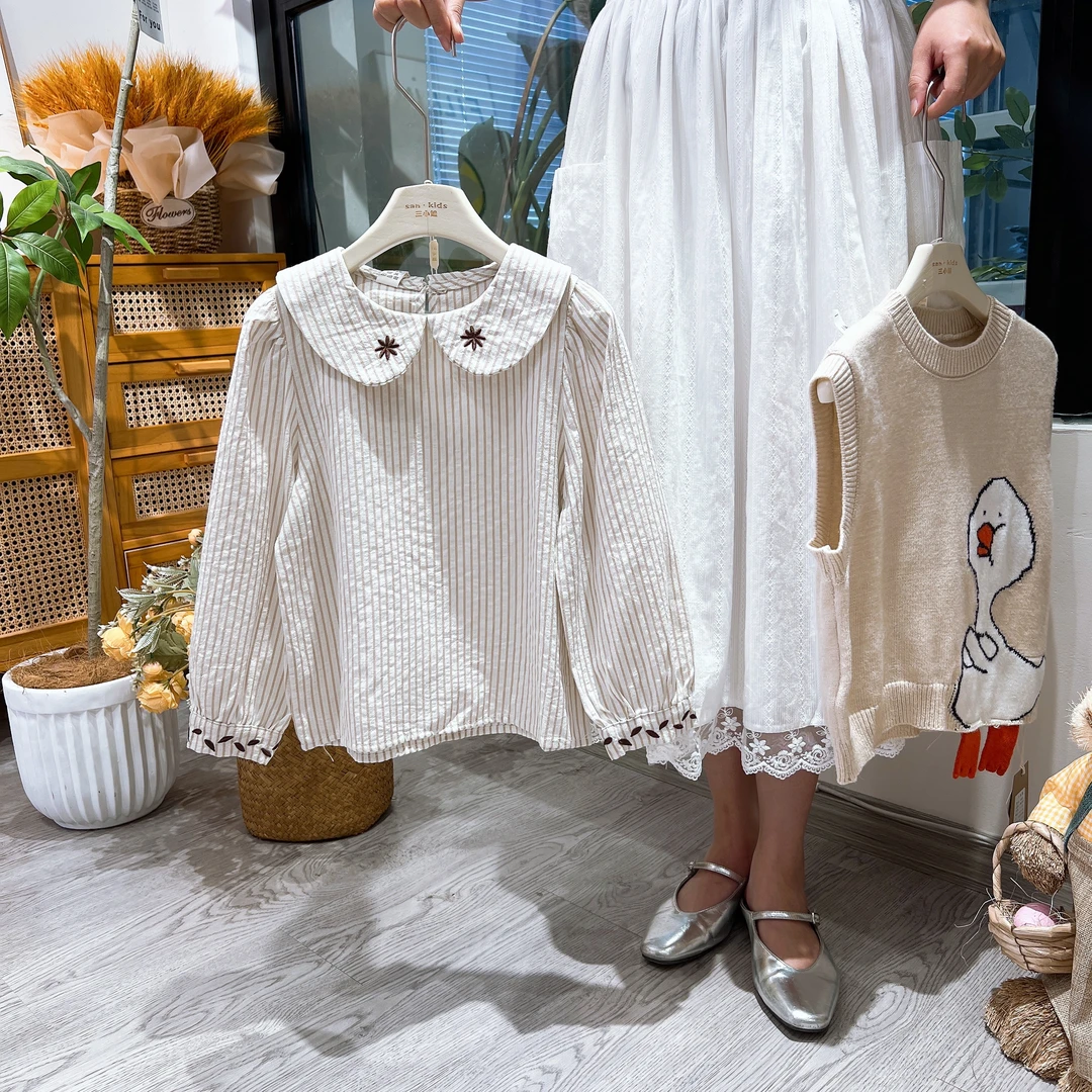 【新款上新】24005上衣 女童森系百搭 条纹刺绣 娃娃衫