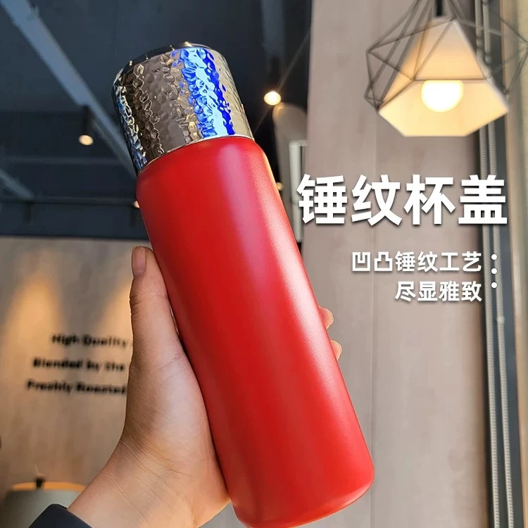 F535 新款锤纹保温杯316不锈钢水杯红色430ml