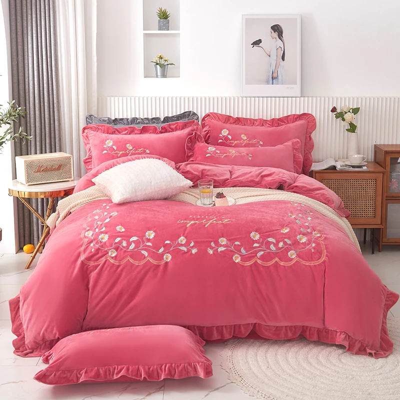 新品 韩版婴儿绒绣花双面绒床裙款带花边加厚四件套 春意【玫红】