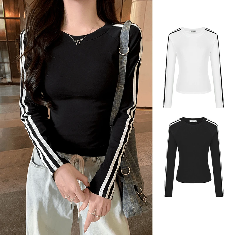 【返潮复古】美式辣妹收腰T恤女春秋三条杠长袖修身显瘦打底衫上衣