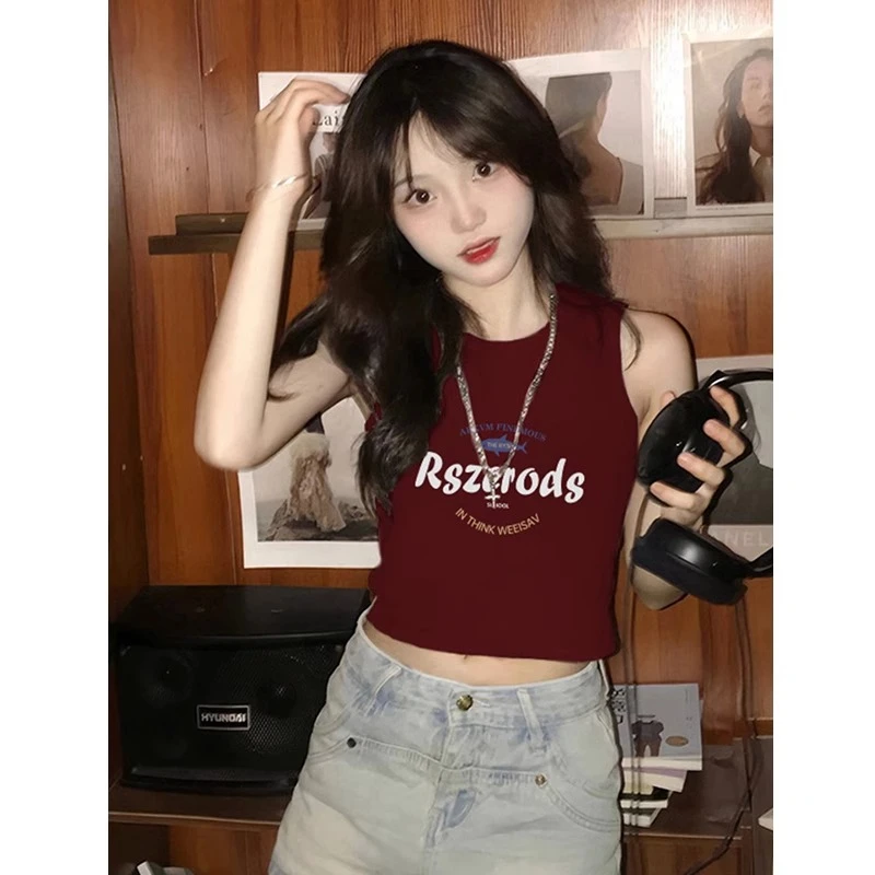 小个子甜酷辣妹修身显瘦内搭背心女夏季外穿露脐印花短款无袖T恤
