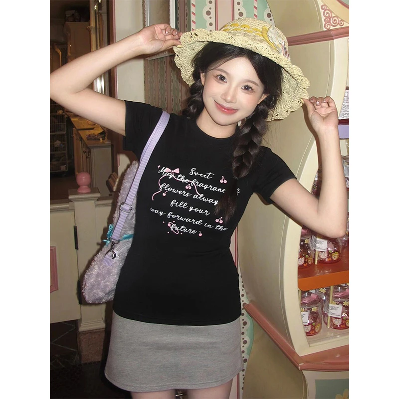 美式短款t恤女夏季蝴蝶结印花修身显瘦正肩短袖辣妹黑色圆领上衣