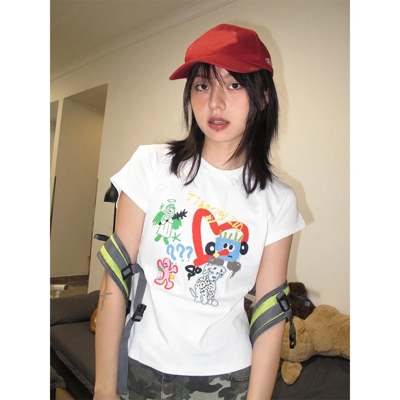 美式正肩短袖t恤女夏季涂鸦印花白色修身显瘦弹力百搭圆领上衣潮