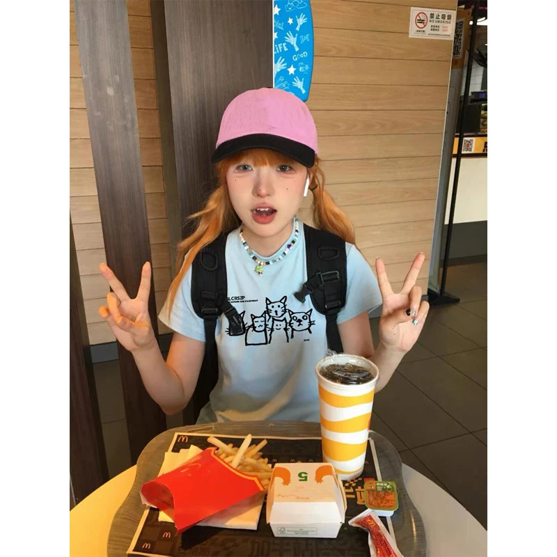 美式正肩短袖t恤女夏季设计感小众字母印花修身显瘦辣妹短款上衣