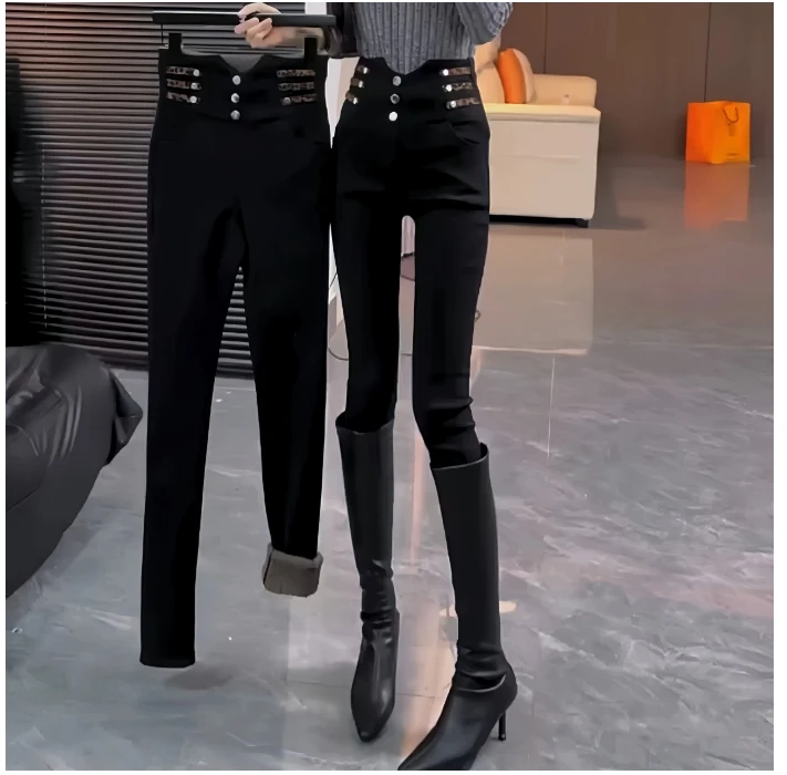 百搭加绒加厚黑色秋季弹力显瘦高腰修身小脚裤