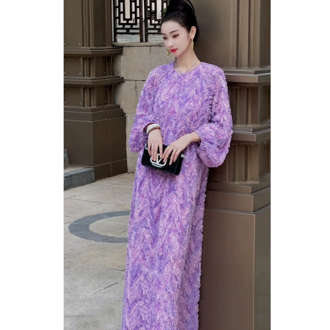 【绝绝紫】YAMO2024新款蕾丝手工立体盘花时尚花朵裙连衣裙 7059