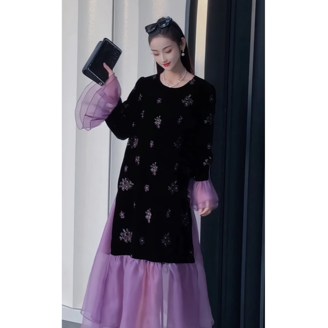 【紫色夜宴】YAMO2025春秋新款显瘦气质高端真丝丝绒连衣裙 5001