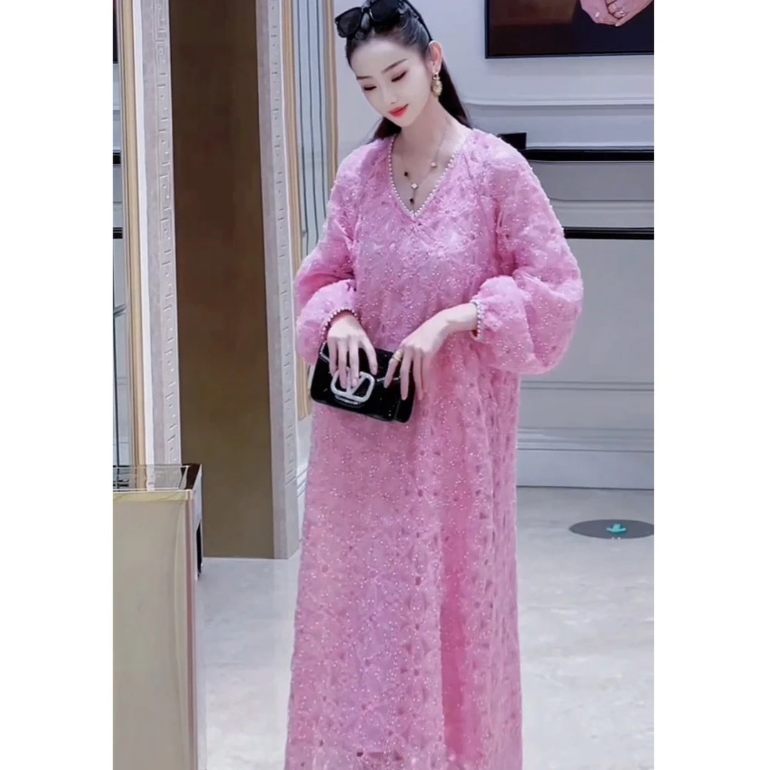 【柔韧玫瑰】YAMO2024秋冬新款蕾丝手工盘花订珠钉片连衣裙 7060A