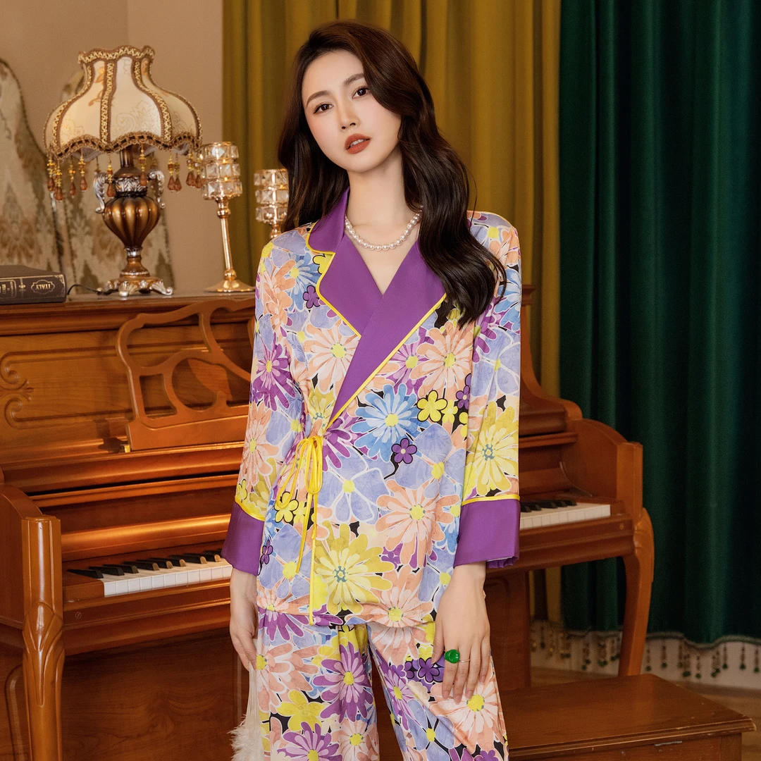 达芬奇密码新款紫色太阳花长袖休闲印花时尚高定睡衣女士家居服