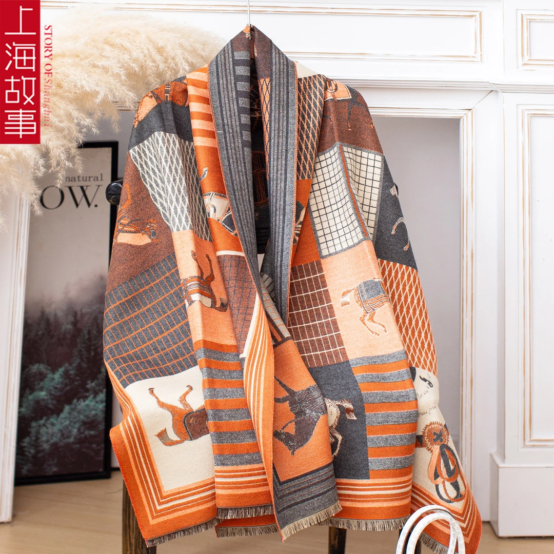 【001-100】上海故事围巾女2025双面秋冬仿羊绒时尚保暖高级感披肩