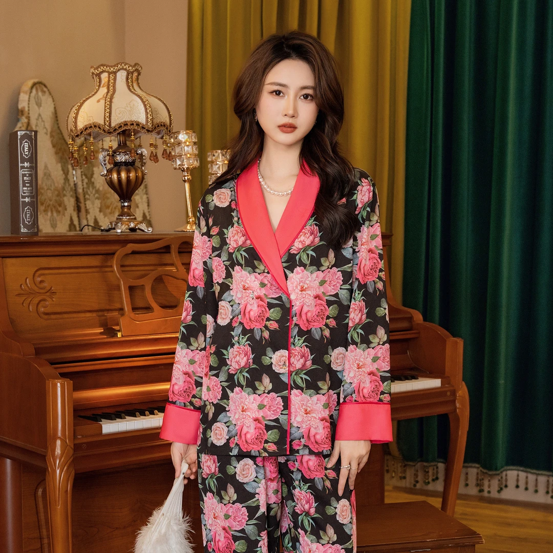 达芬奇密码春秋时尚女奢华粉色玫瑰印花居家可外穿睡衣家居服套装