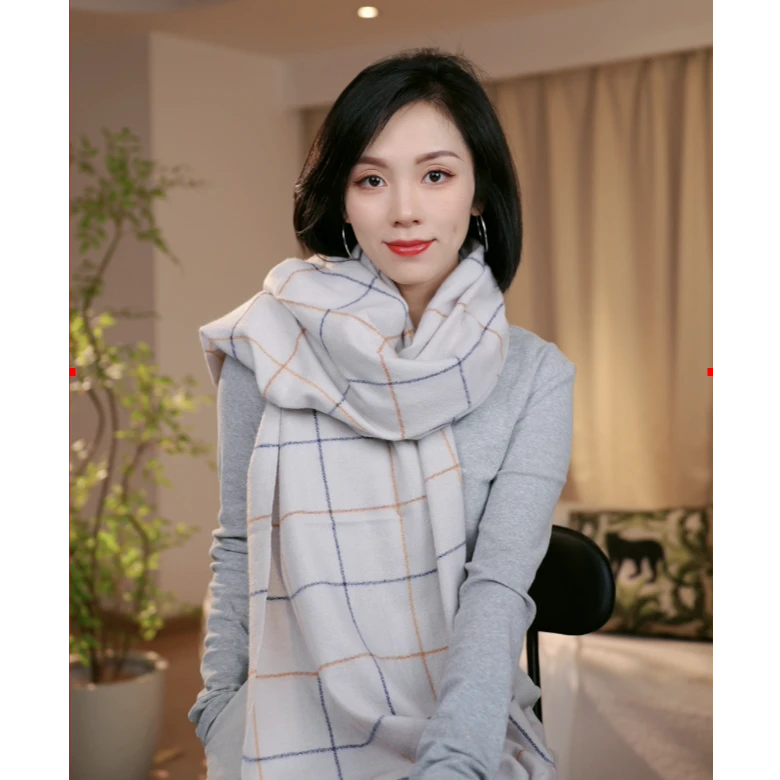 达芬奇密码素雅浅灰格纹流苏围巾女秋冬办公室保暖外搭披肩