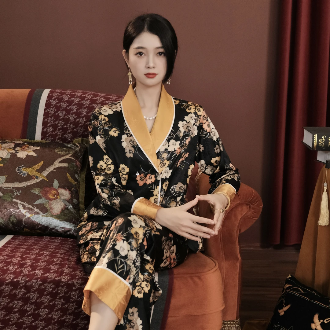 达芬奇密码2025年春秋睡衣长袖舒适提花显瘦印花睡衣女家居服套装