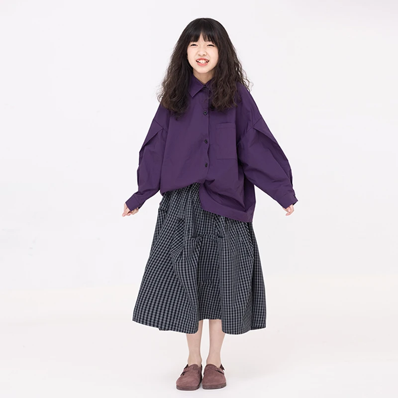 小小大星球童装春日 优雅紫里紫气衬衫 女童翻领百搭捏褶肩袖上衣