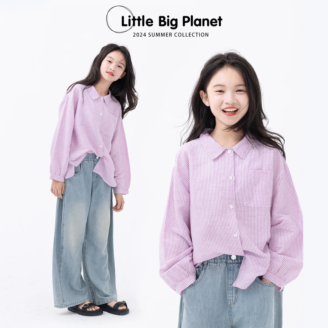 小小大星球童装 豌豆粉棉麻竖条轻薄衬衫 女童空调衫长袖翻领上衣