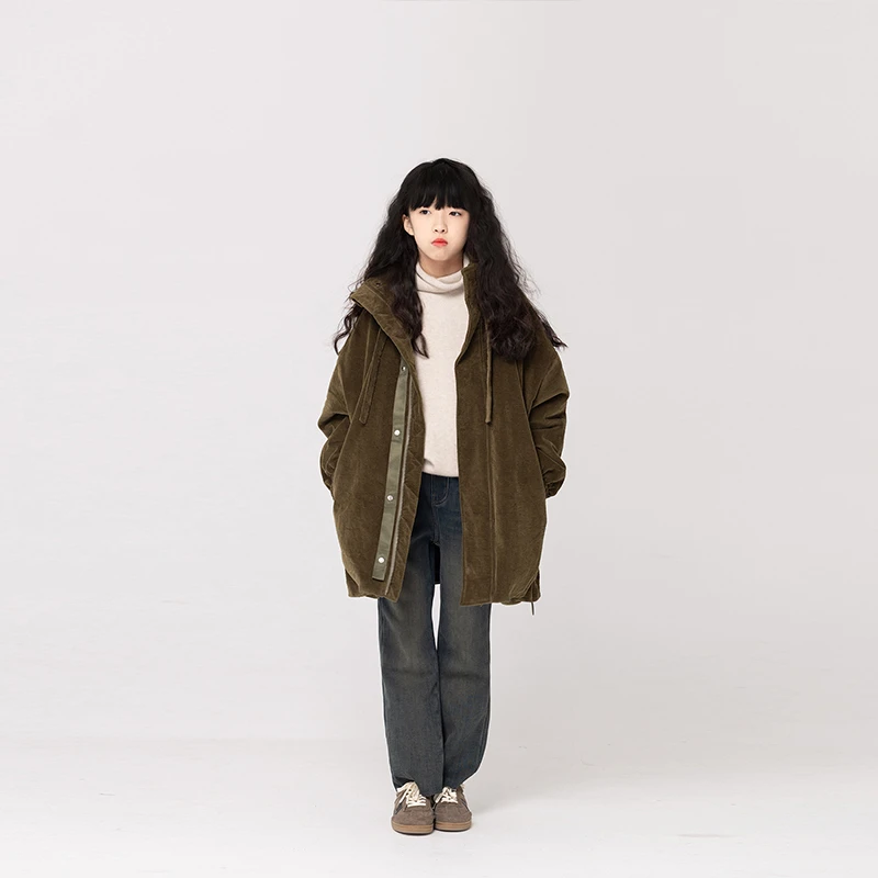 小小大星球童装 昆布绿灯芯绒立领棉服 冬日男女童夹棉中长款外套