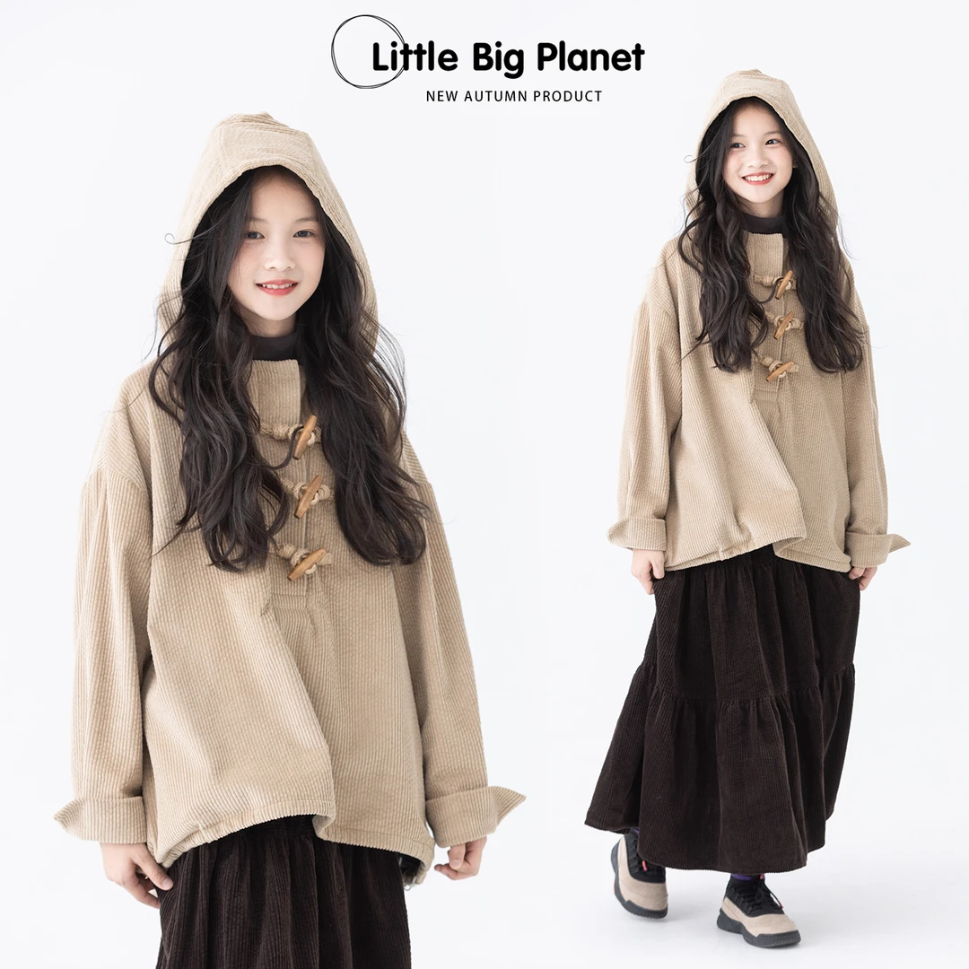 小小大星球童装 乐章杏牛角扣连帽卫衣 秋冬男女童复古灯芯绒上衣