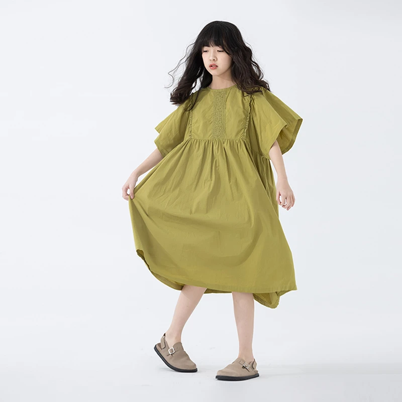 小小大星球童装 绣花森系蝴蝶袖连衣裙 夏日女童气质大裙摆裙子