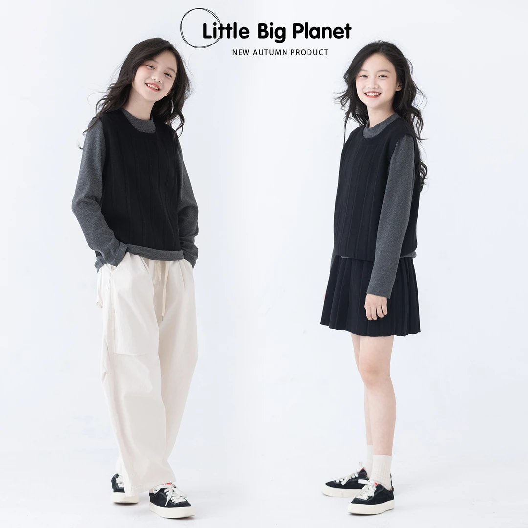 小小大星球童装 名媛毛衣套装 女童春秋百搭背心+百褶半裙两件套