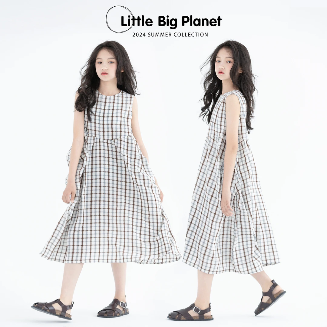 小小大星球童装 无袖格子气质连衣裙 夏日女童大裙摆简约棉裙子