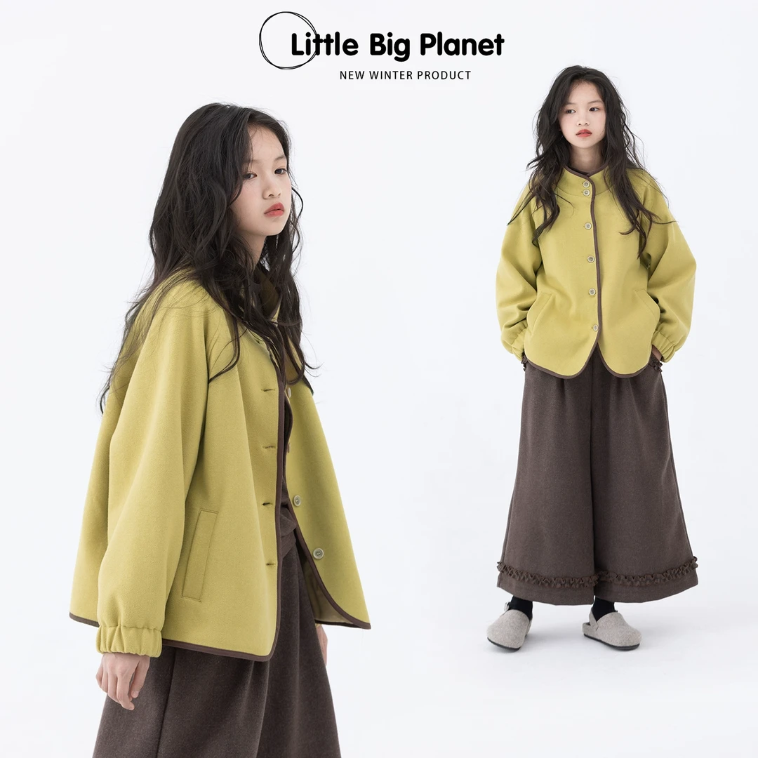 小小大星球童装 香水黄复古拼色立领外套 男女童冬季百搭夹棉开衫