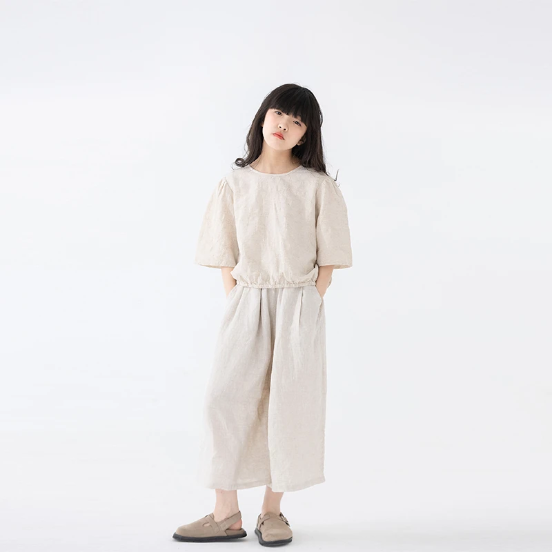 小小大星球童装 麻皱感压花素雅文艺短袖 夏日女童森系背排扣上衣