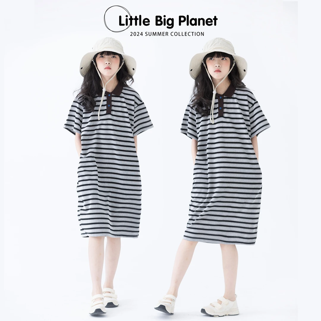 小小大星球童装 影子黑经典POLO领连衣裙 夏日女童雪花简约棉裙子