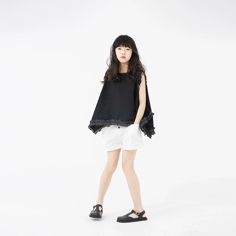 小小大星球童装 小波点木耳花边无袖上衣 夏日女童气质剪裁版