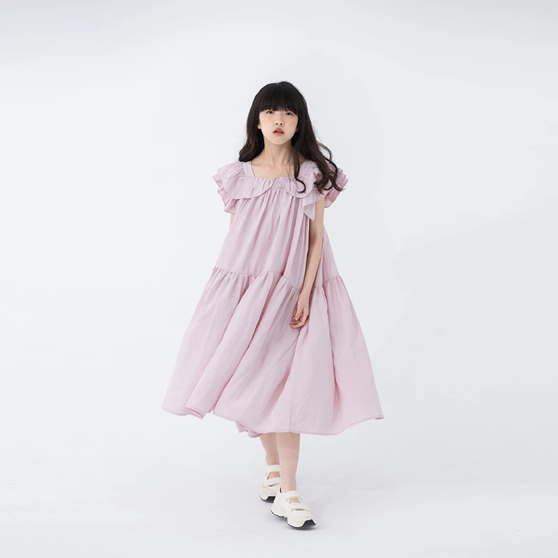 小小大星球童装 花瓣圆弧领子飘逸连衣裙 夏日女童气质大摆裙