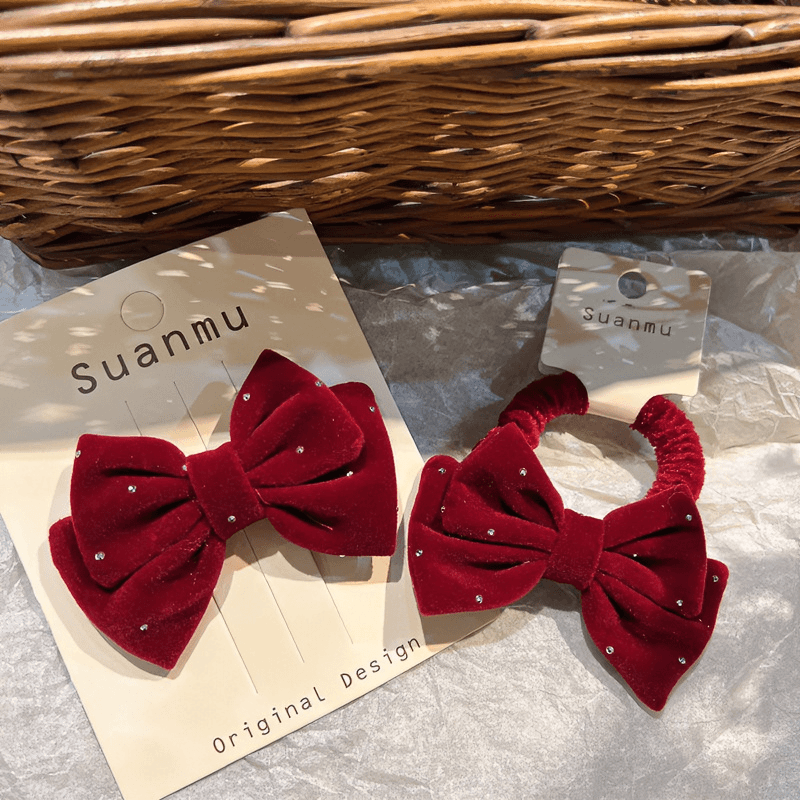 儿童红色发饰秋冬新款丝绒蝴蝶结发夹发圈宝宝发绳头绳鸭嘴夹A556