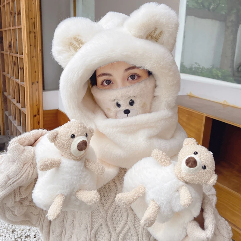 可爱小熊帽子围巾口罩一体女秋冬季骑车百搭毛绒保暖围脖连帽套装