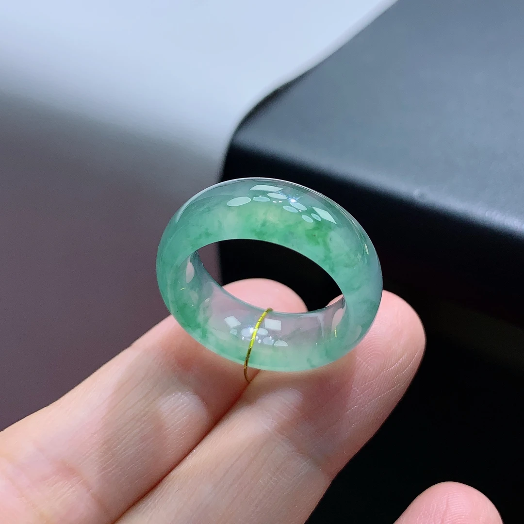 14-15号圈天然缅甸翡翠A货冰胶飘花轮胎翡翠戒指17.5*8.6*4mm