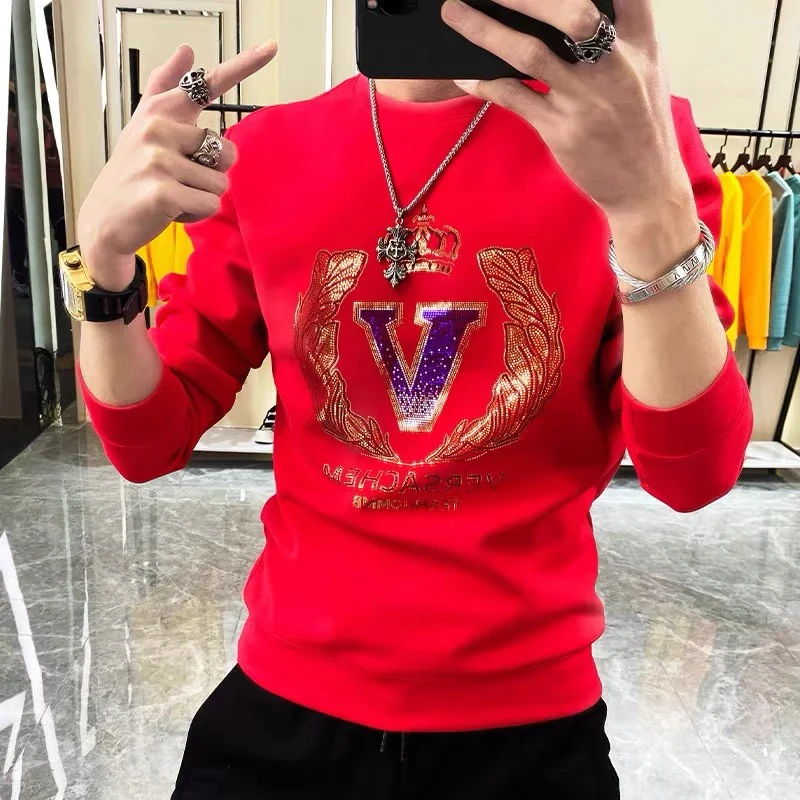 欧洲站时尚潮流烫钻印花潮牌圆领卫衣男打底衫2024秋冬长袖上衣男