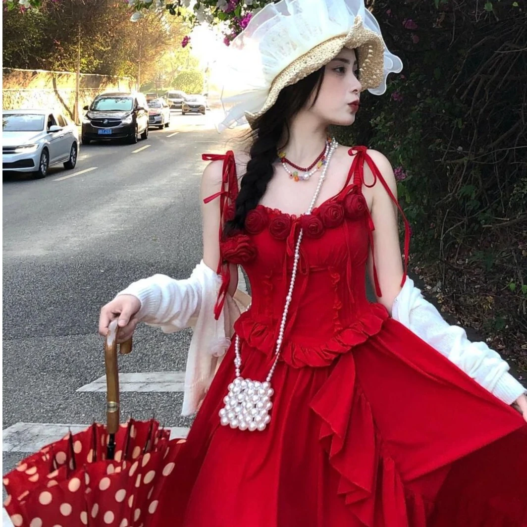 超仙显白吊带裙夏季新款甜美公主风玫瑰装饰修身显瘦绑带连衣裙子