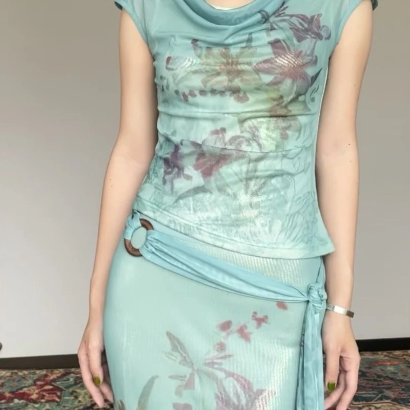 春夏季新款薄款复古时尚印花修身收腰上衣包臀鱼尾长裙