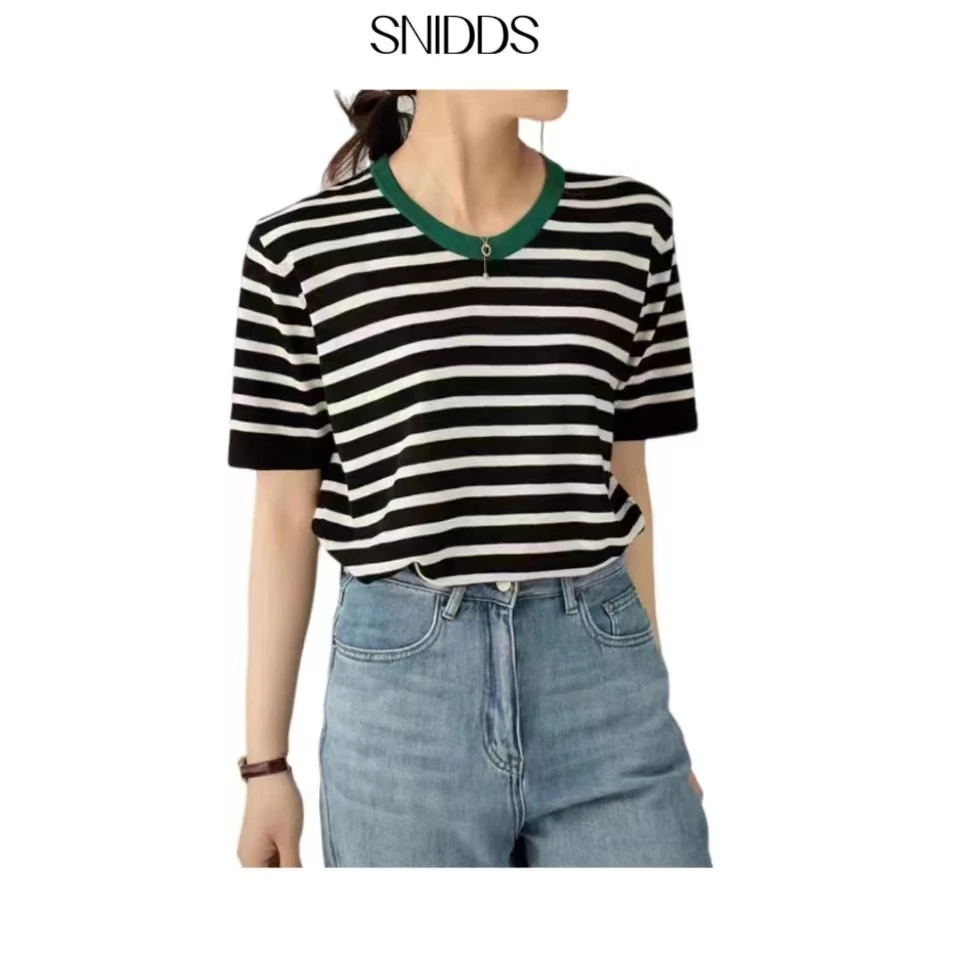 女士春夏  薄款基础圆领撞色条纹T恤 百搭短袖针织衫上衣