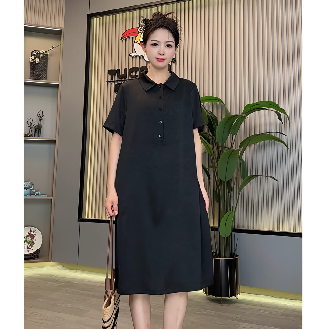 夏季新款显瘦气质纯色翻领中长款宽松连衣裙#8883