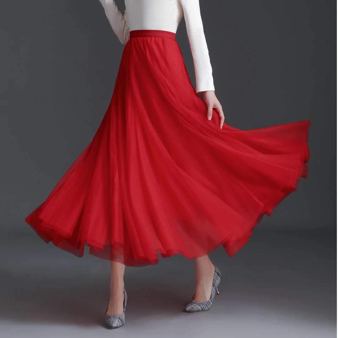 2025网纱半身裙A字版型720度大裙摆中长款高腰网纱裙春夏垂感