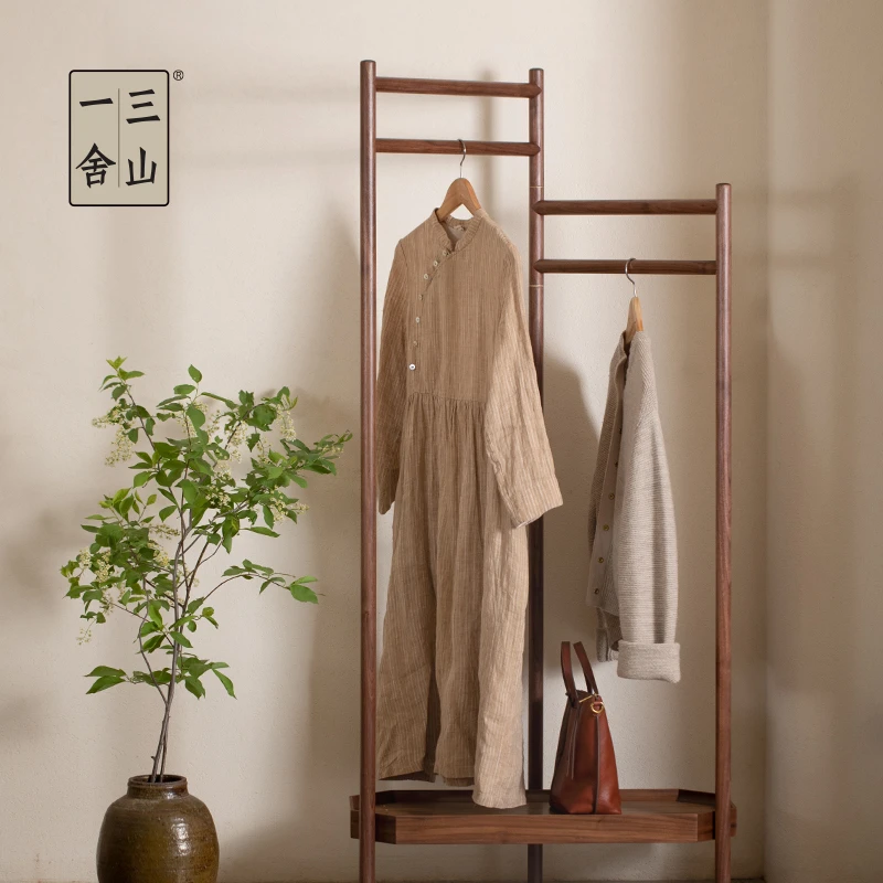 三山一舍衣帽架落地实木衣帽架衣架落地家用卧室简约新中式黑胡桃
