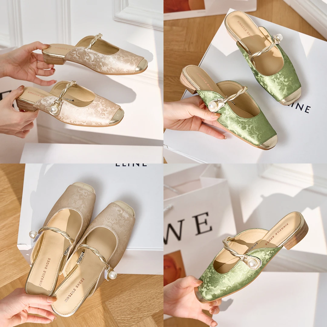 [桑蚕丝]拼色方头一字带粗跟凉拖中式轻奢压花丝绸拖鞋夏季外穿