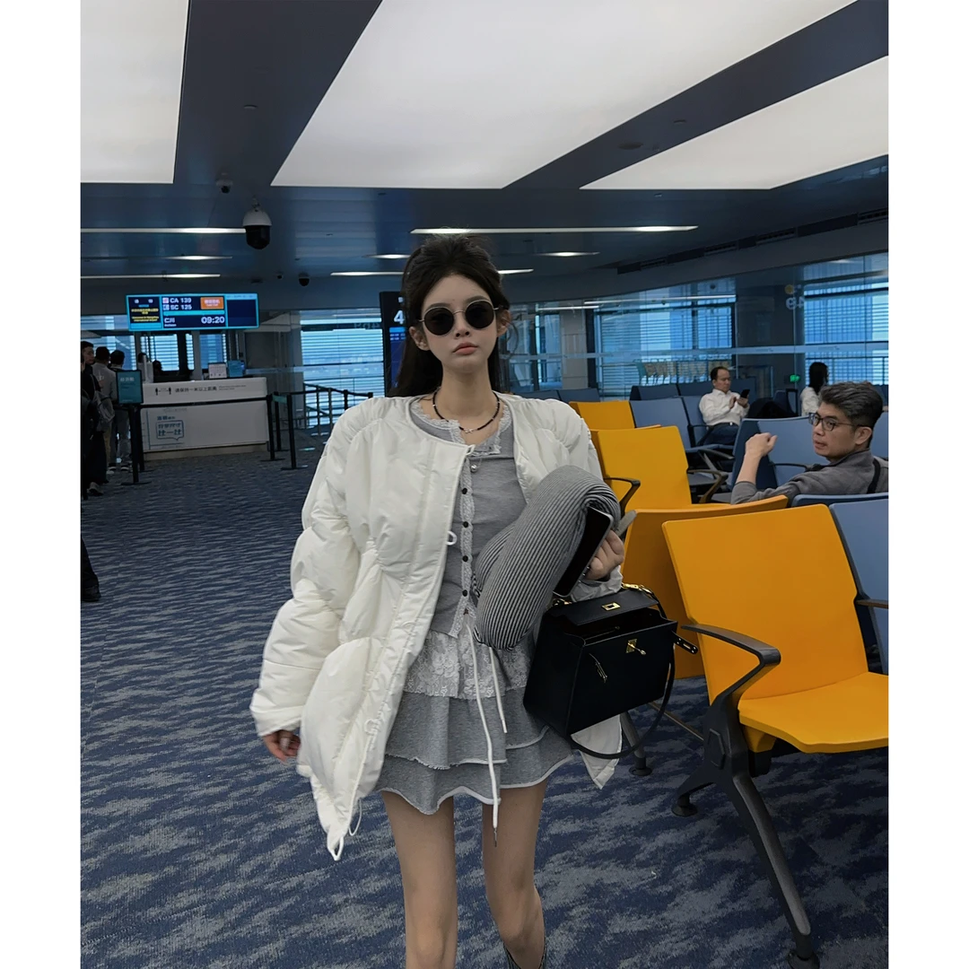 21DEGREES 云朵泡芙软呼呼袄子蕾丝边灰色打底植绒蕾丝拼接蛋糕裙