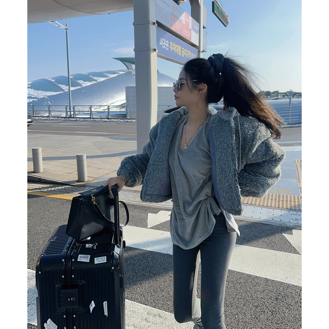 21DEGREES连帽夹棉羔羔毛外套加厚绒面长袖打底深显瘦加厚打底裤