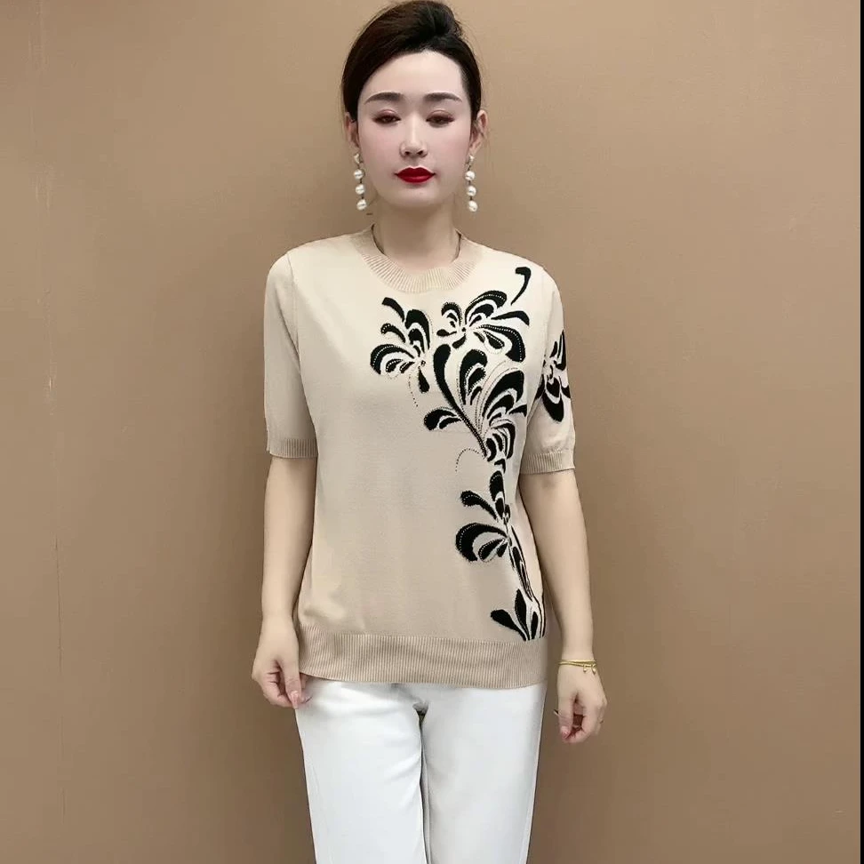 新款短袖圆领冰丝针织衫中老年妈妈装百搭夏季宽松印花洋气上衣