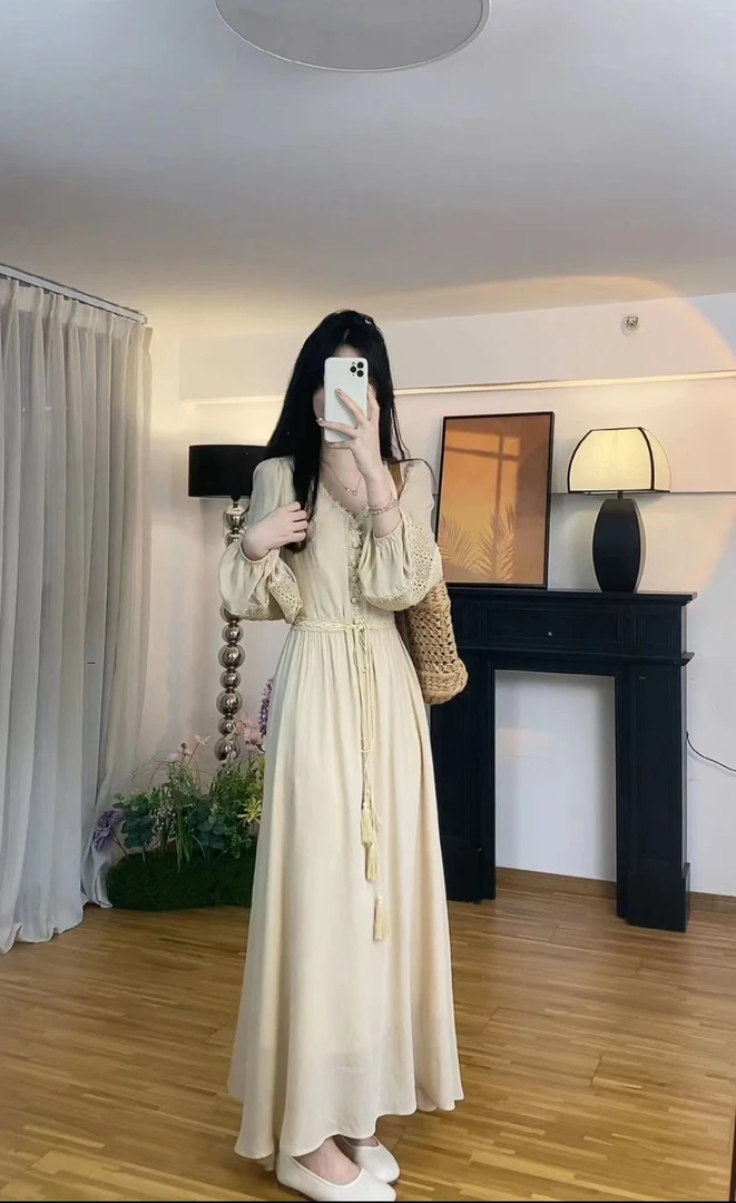 AN.XIN【茶会裙 Tea】纯色柔美蕾丝显瘦干净女装连衣裙8552