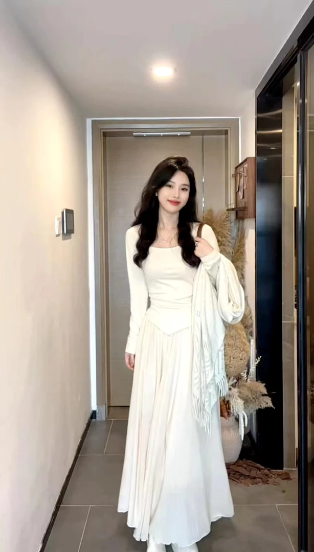 AN.XIN【欧尼松弛感】温柔风慵懒一套穿搭针织小衫+半身裙+披肩778